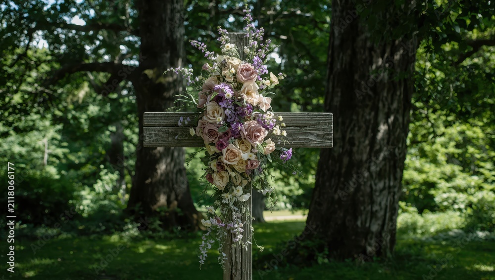 Fototapeta premium Cemetery cross adorned with flowers in Quebec.