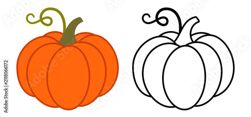 Pumpkin illustration set with color example and black and white line art for kids. Educational coloring page for kindergarten and preschool creative activities. Vector.