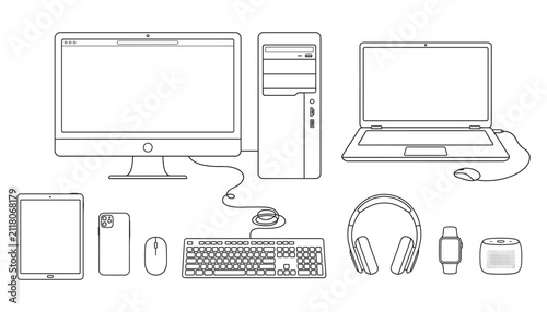 Set of line art computer equipment, laptop, phone, monitor, keyboard vector illustration.