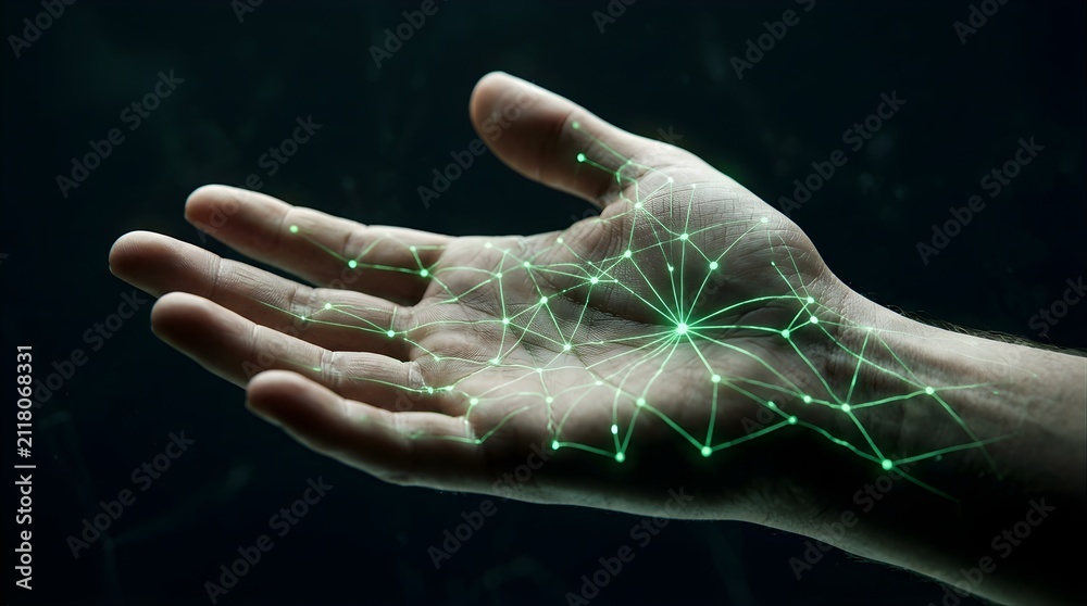 Fototapeta premium Digital network connection glowing on human palm against dark background