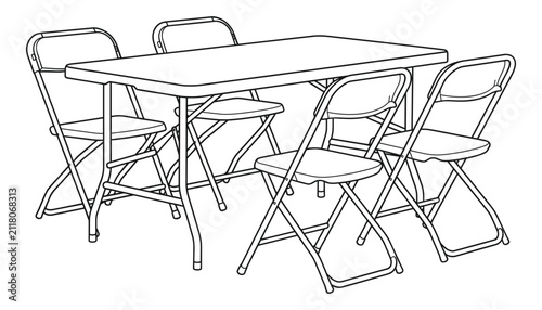Set of folding table and chairs, outdoor furniture outline vector illustration.