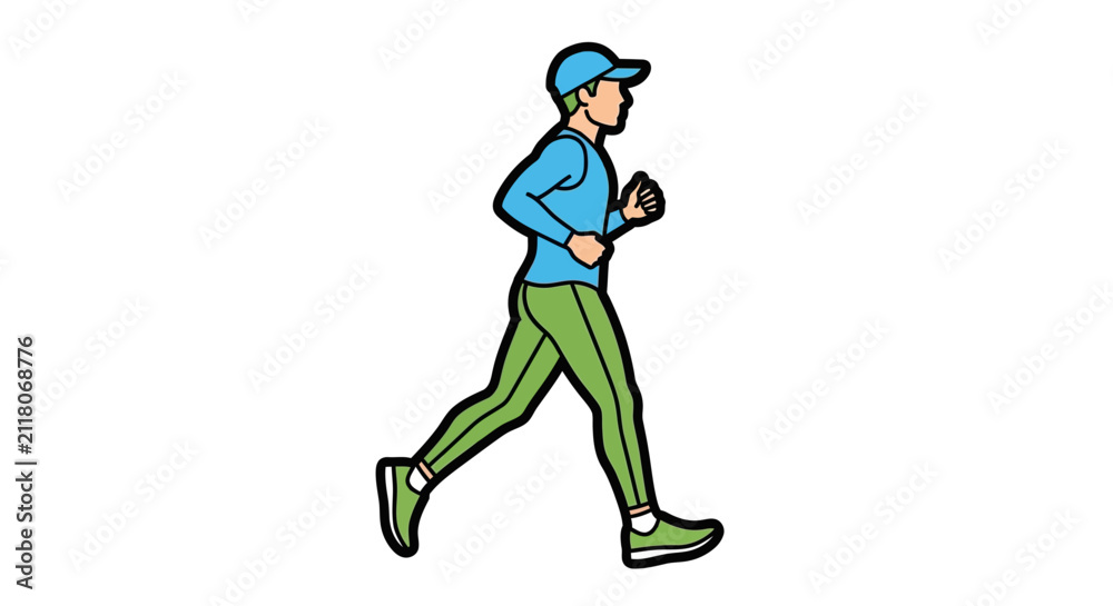Fototapeta premium A dynamic vector illustration of a person running in athletic sportswear and a blue cap, depicted in full profile motion graphic