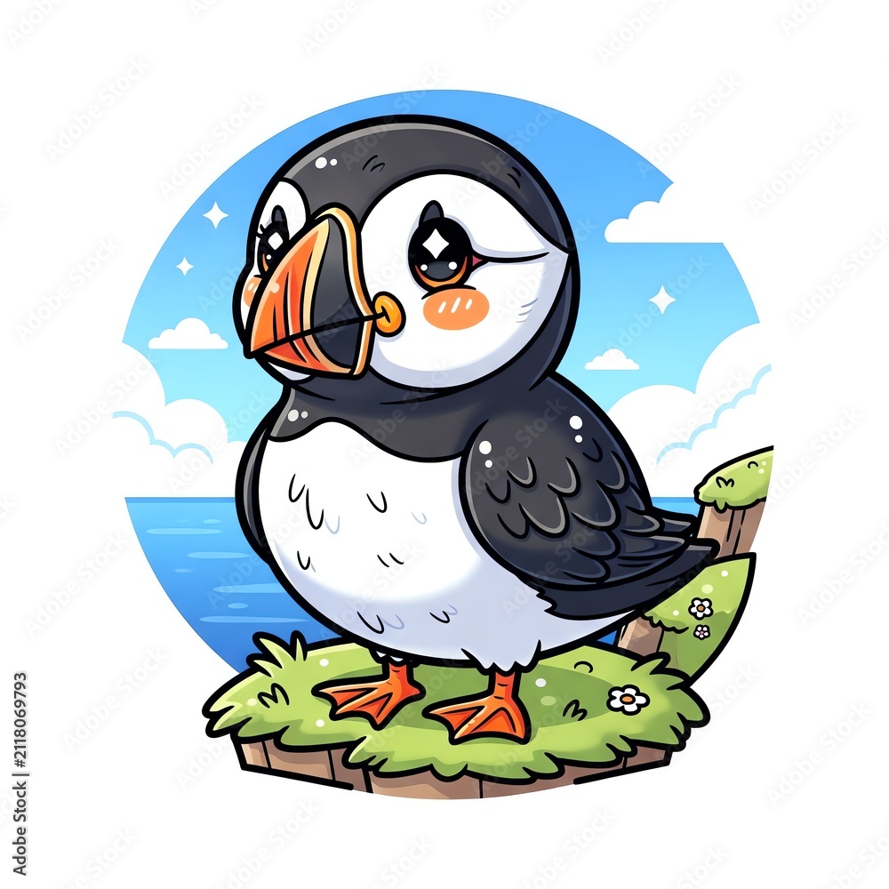 Fototapeta premium Cute Puffin Bird Cartoon Illustration.