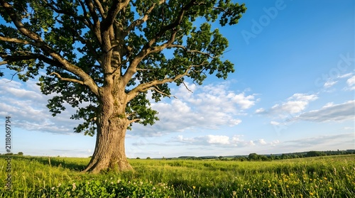 Large oak tree in a grassy meadow under a clear blue summer sky