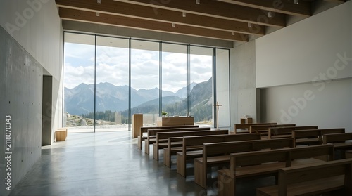 Modern minimalist church interior with wooden pews and mountain view