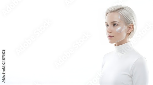 Portrait of a woman with futuristic silver makeup against white background