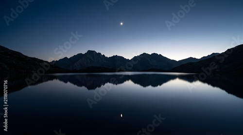 Scenic mountain range reflecting in a still alpine lake at night