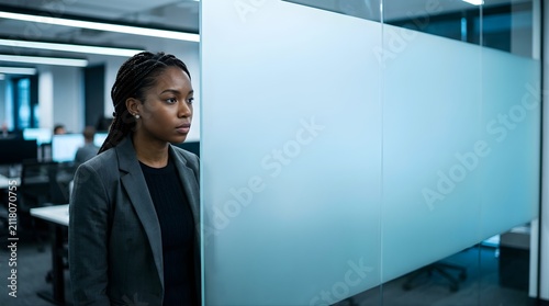 Serious professional woman standing beside a frosted glass office partition