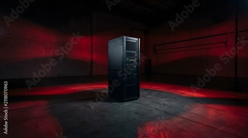 Server rack standing in a dark warehouse illuminated by dramatic red light