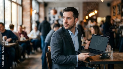 Worried businessman holding a laptop while looking back in a crowded cafe