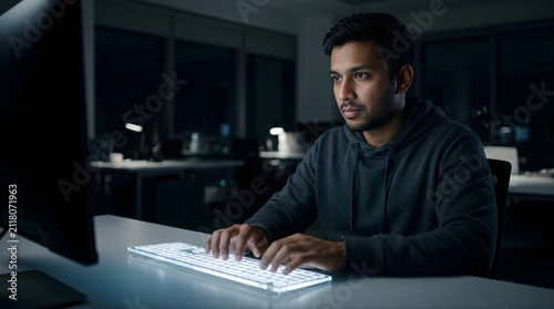 Young man working late at night on a computer in a dark office environment