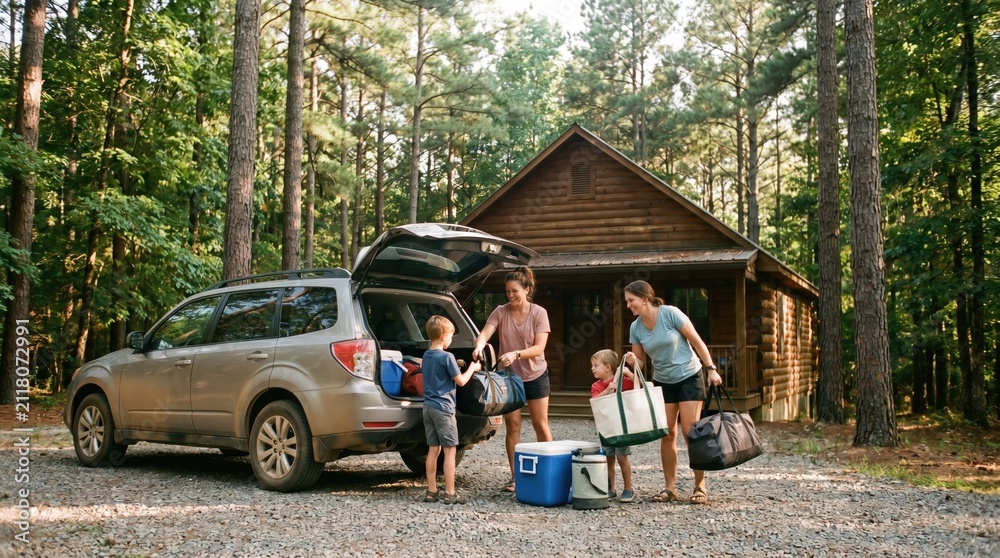 Fototapeta premium Family unloads bags from an SUV by a wooden cabin in the forest. They are starting an affordable nature getaway together. Ideal for family travel and outdoor lifestyle content.