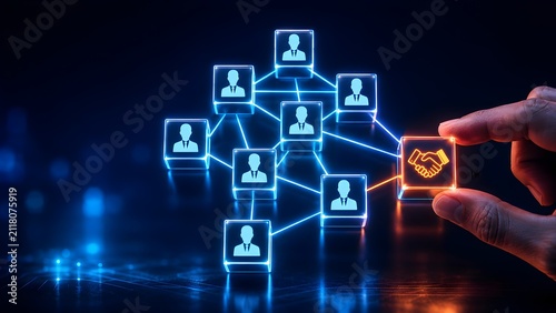 Hand connecting glowing business handshake icon to digital network of profile cubes. Concept of corporate networking and online partnership building for human resources.