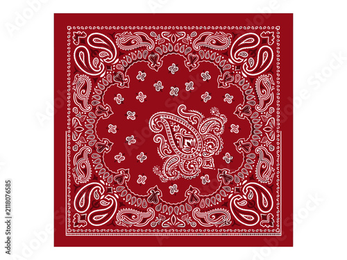 Red square bandana with intricate white paisley pattern and decorative border.