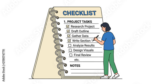 Woman stands beside a large spiral checklist while writing down task updates with a black pen.