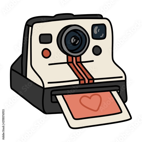 Hand drawn cute vintage instant camera printing heart photo icon doodle vector polaroid retro photography colored graphic