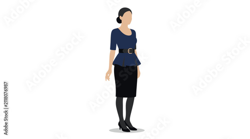 Foto Professional woman standing calmly while wearing a blue peplum blouse and black pencil skirt