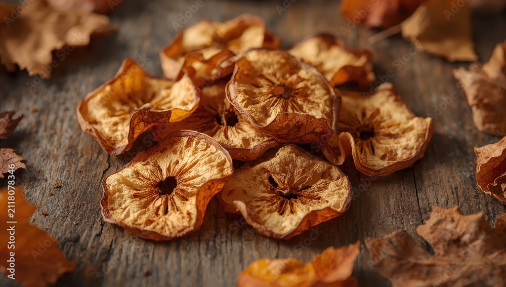 Fototapeta premium Close-up of homemade dried apple chips on wood, rustic autumn theme.