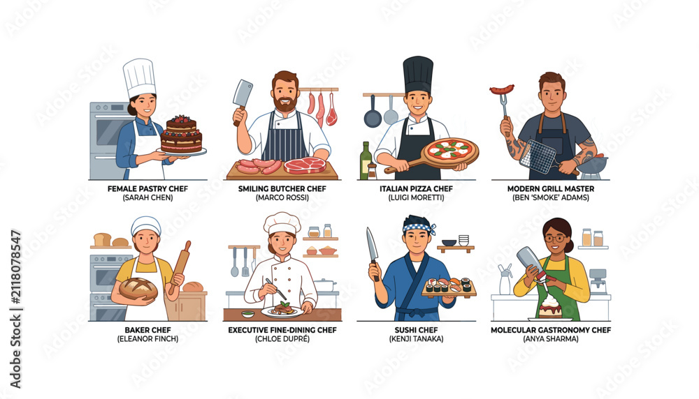 Fototapeta premium Professional diverse kitchen chefs and culinary masters collection with specialty cooking experts cartoon flat design vector illustration