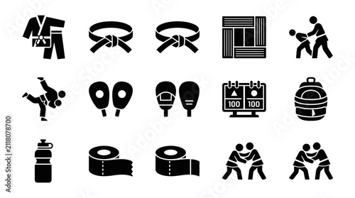 Karate training equipment and combat sports icon set.