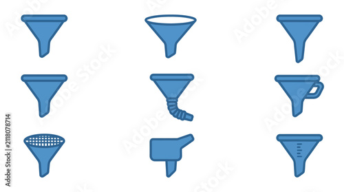 Kitchen and laboratory funnel tool icons for liquid transfer.