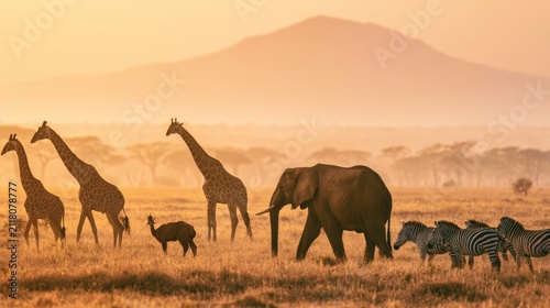 Sunset landscape with African animals