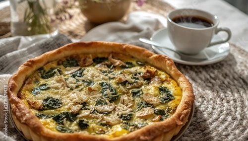Closeup of spinach and herb Florentine quiche on the table for breakfast. Vertical.