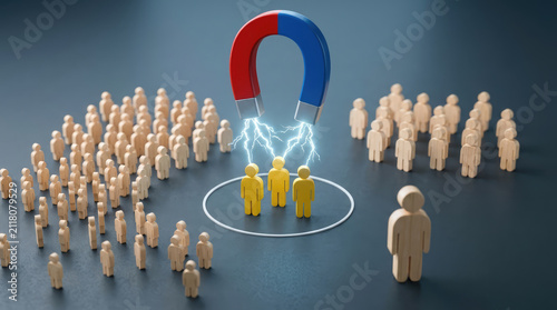 A horseshoe magnet attracts a group of yellow figures, symbolizing the concept of attracting customers or leads. The magnet is shown with glowing blue and red poles.