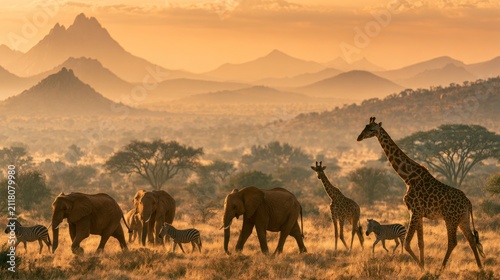 Sunset landscape with African animals
