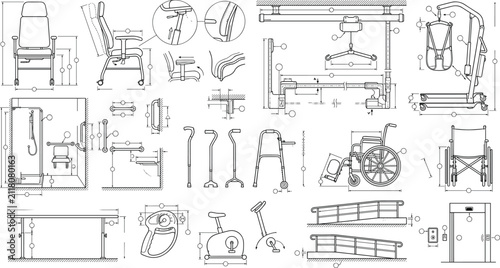 Medical equipment and accessibility furniture line drawing icons set including wheelchair walker ramp cane and patient lift vector