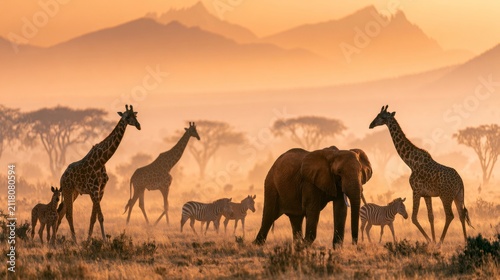 Sunset landscape with African animals