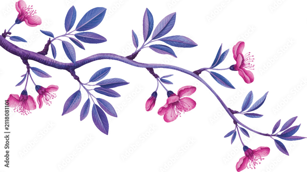 Obraz premium Beautiful flowering cherry blossom branch with pink flowers and purple leaves isolated on transparent background, Vector, illustration