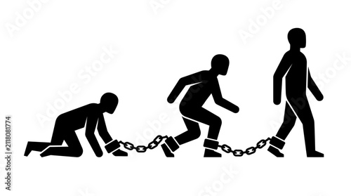 Silhouette illustration of human figures chained together in sequence
