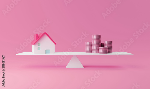 Foto House and coin on balancing scale on pink background