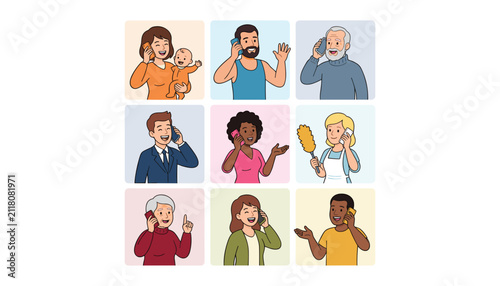 Obraz na plátne People calling smartphone vector set with diverse cartoon characters talking on