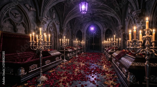 Gothic Crypt Burial Chamber with Coffins, Candelabras and Red Rose Petals in Dark Stone Vault with Purple Lighting