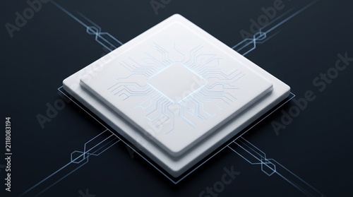 White Microchip Processor with Glowing Circuit Lines on Dark Background, 3D Illustration of High-Tech AI CPU Hardware