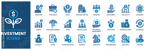 Detailed blue financial investment icons for corporate business and market analysis design