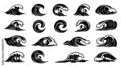 Black and White Vector Icons of Ocean Waves and Surfing, Stock Art