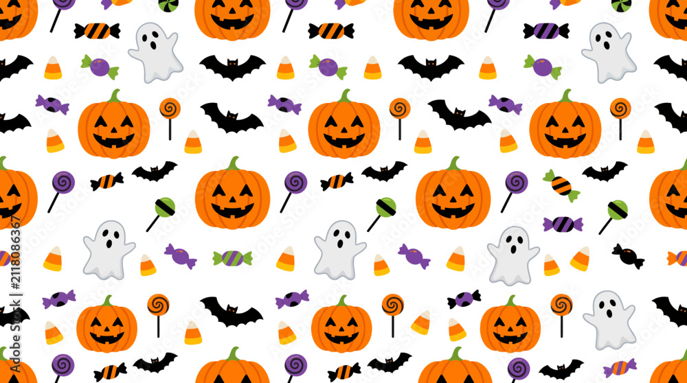 Obraz premium Festive Halloween Pattern Featuring Jack-o-Lanterns Ghosts Bats and Candy for Celebration and Decoration.