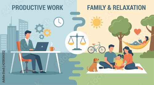 Work life balance illustration concept with businessman working at office desk and happy family relaxing in park