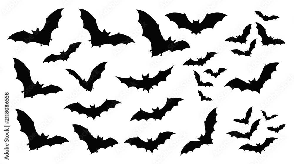 Fototapeta premium Group of Flying Bats Silhouettes in Night Sky.