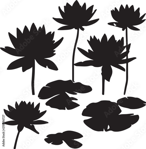 Black silhouette set of water lilies and pads with water lily silhouette botanical illustration isolated decoration collection tropical