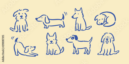 Cute Hand Drawn Cute Dog Character Doodle Vector Set Minimal Line Art Puppy Illustration Collection