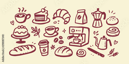 Hand drawn coffee and bakery doodle vector set line art cafe food icons elements bundle