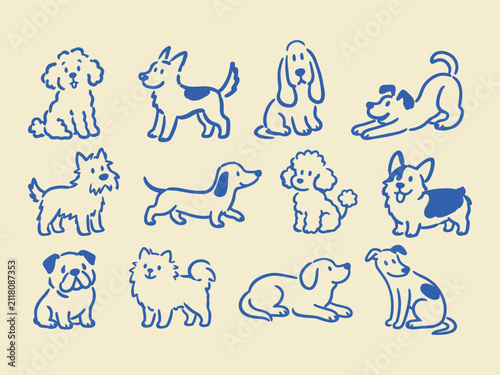 Cute Hand Drawn Dog Breeds Vector Illustration Set Minimalist Line Art Puppies Collection