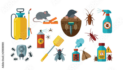 Fotografie Pest control service icon set with insecticide spray chemicals trap swatter and