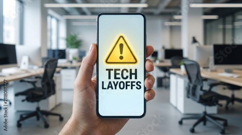Tech Layoffs Forecast concepts. Person holding smartphone showing tech layoffs warning sign in modern office