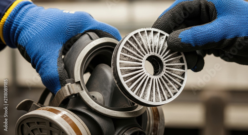 Close-up of a worker replacing a used respirator filter cartridge while wearing protective gloves, highlighting air pollution protection, respiratory safety, industrial hygiene, workplace health