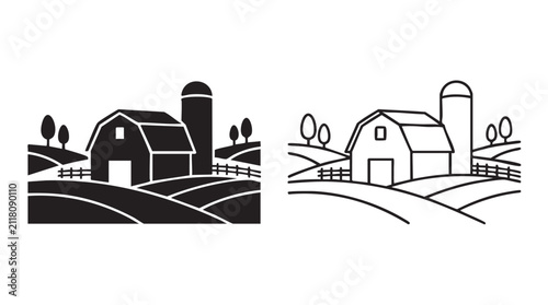 Bild auf Leinwand barn with silo and rolling fields in black silhouette and outline art vector ico